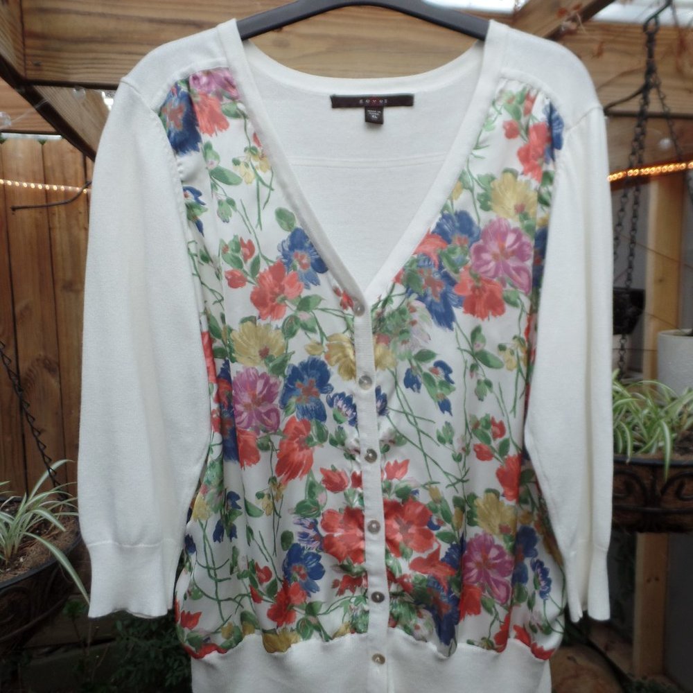 Fever cream cardigan with poly satin floral front – ¾ sleeves